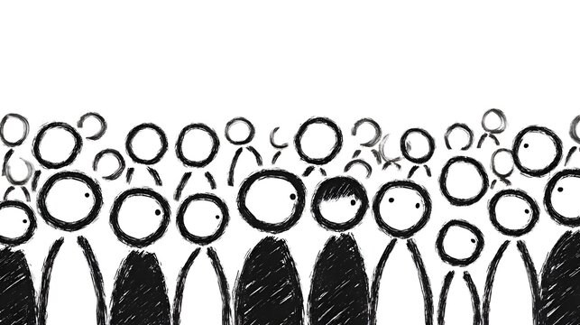 Cartoon crowd of simple stick figure people with circle heads and big eyes are standing together against a white background, looking forward.