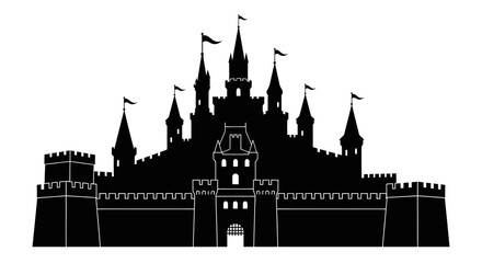 Obraz premium Majestic Black Silhouette of a Grand Fairytale Castle on Isolated White Background