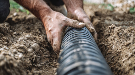 Hands laying black plastic pipe in soil during construction or repair work