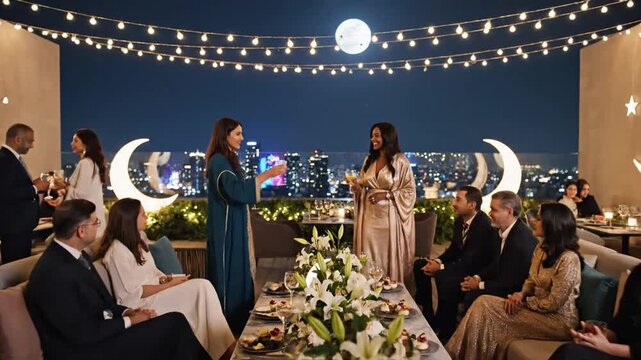 Elegant group celebrates on rooftop with crescent moons, full moon, city