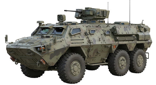 A military armored vehicle on a transparent background, showcasing its camouflage design and advanced features