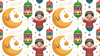 Fototapeta premium seamless kids ramadan pattern with cute crescent moon and lantern cartoon colorful islamic background