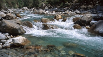 Flowing river with rocks and trees in a natural landscape