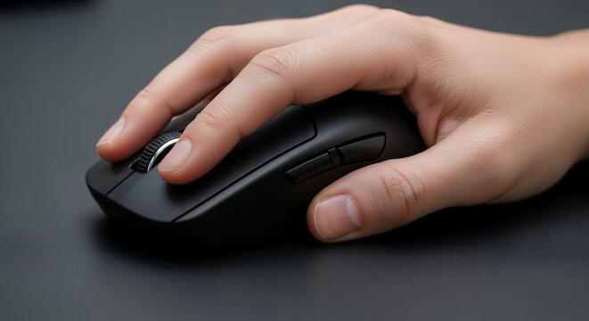Close-up of hand using a black computer mouse