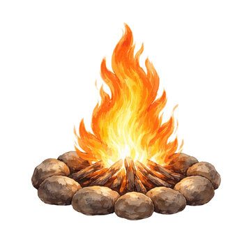 A watercolor vector of a campfire flame with stones and burning logs for camping illustrations, outdoor adventure designs, and wilderness clipart.