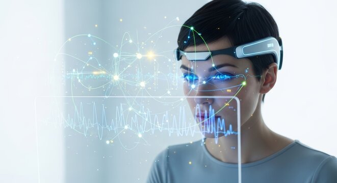 Woman with brain computer interface looking at virtual data. Neural network concept. Future artificial intelligence and mind machine connection.