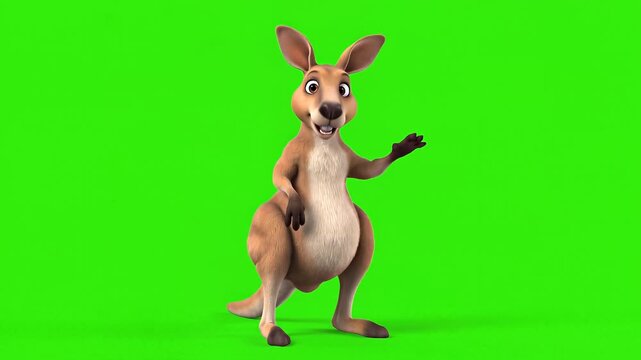 A new 3D rendered cartoon kangaroo character, ready for compositing on a vibrant chroma key screen.