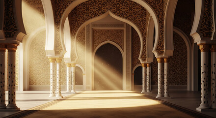 Fototapeta premium Sunlit, ornate hall interior with intricate archways and patterns, featuring elegant golden pillars and ethereal light, evoking ancient luxury and architectural grandeur