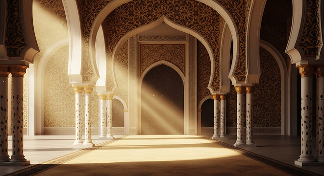 Sunlit, ornate hall interior with intricate archways and patterns, featuring elegant golden pillars and ethereal light, evoking ancient luxury and architectural grandeur