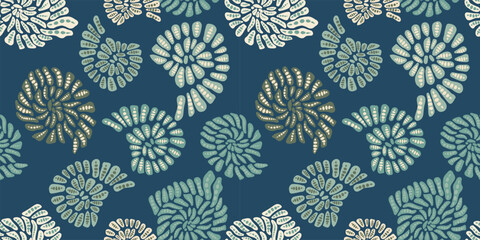 Seamless Ammonite Fossil Pattern, Marine Shells Background in Sage and Navy Blue. Ideal for home decor, high-end wallpaper, luxury packaging, and fabric design © mila_okie