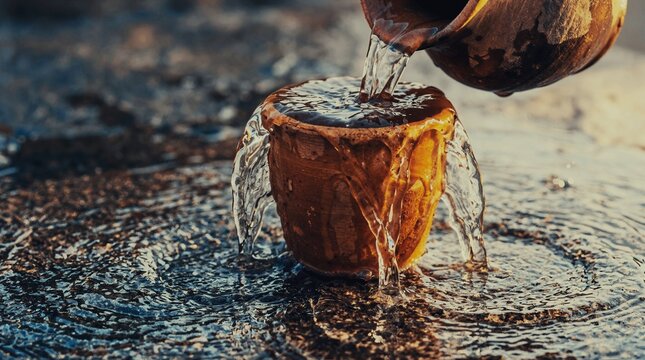 Clay Cup Being Filled from Above and Overflowing Abundantly onto Stone Table