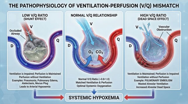 Detailed Illustration of Ventilation-Perfusion Mismatch Pathophysiology in Respiratory Dysfunction