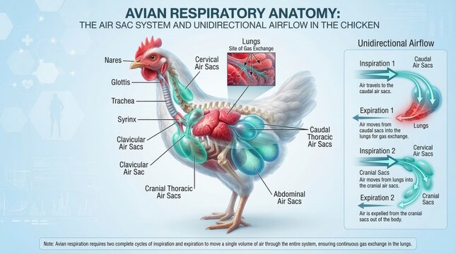 Avian Respiratory Anatomy and Air Sac System in Chickens with Unidirectional Airflow Explained