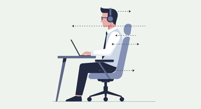 Man Sitting Correctly at Desk with Laptop and Headphones.