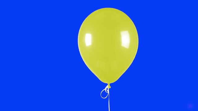 A photorealistic 3D animation of a single, inflated, highly-reflective bright yellow latex balloon, with a white knot and string attached, floating gently. Designed as a cheerful, optimistic visual fo