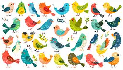 Fototapeta premium A collection of colorful hand drawn songbirds featuring various species in different poses and colors Vector
