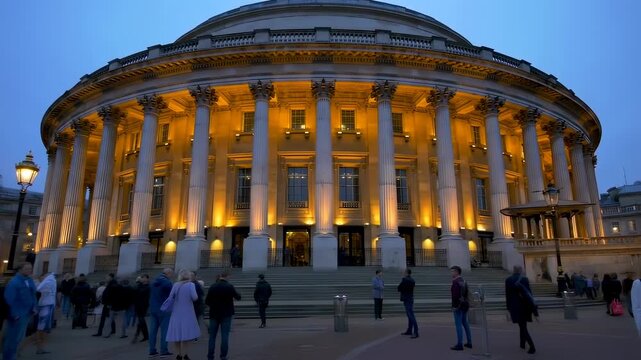 Royal Albert Hall illuminated with passersby at dusk in London city