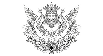 Naklejka premium Intricate illustration of a kingly figure with wings and crown in detailed monochrome