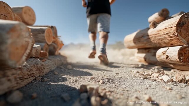 Runner's perspective of trail run through rugged terrain and natural wood logs background