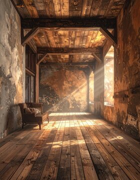 Sunlight streams into an abandoned room with a single armchair.