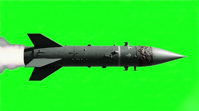 A side view of a long-range cruise missile isolated on a green screen background. The 3D render shows detailed markings and aerodynamic design for military-themed compositions.