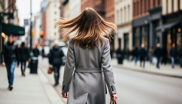 Urban Stroll: A woman, captured from behind, strolls confidently down a bustling city street, her flowing hair a dynamic counterpoint to the static cityscape, embodying movement, style.