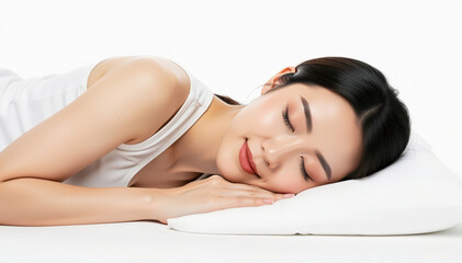 Obraz premium Dreamy Slumber: A serene individual lies peacefully asleep on a soft pillow, radiating tranquility and relaxation, embraced by a peaceful repose.