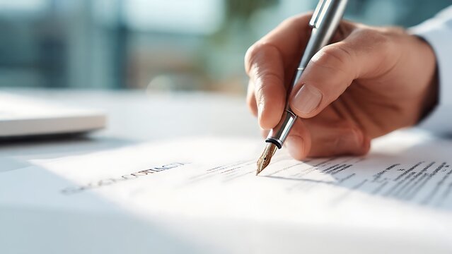 Close-up of Hand Signing Business Contract with Pen