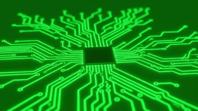 Glowing green circuit boards with microchips pulsing brightly in dark background technology concept