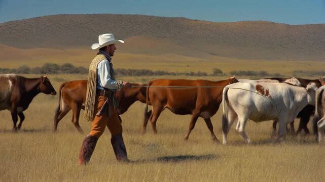 Cowboy Wearing a White Hat and Fringed Vest Leads a Herd of Cattle Across a Dry Grassy Field with Rolling Hills in the Background on a Sunny Day