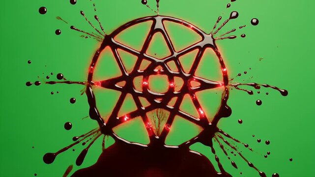 Dark Occult Ritual Symbol Formed By Dripping Red Blood With Splatter Effects On A Vivid Green Screen Background