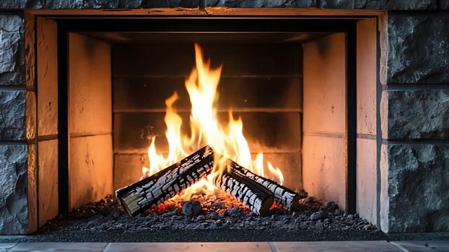 Burning wood fire inside stone fireplace. Flames dancing over logs to create heat. Cozy home interior scene for winter season holidays and relaxation concept.