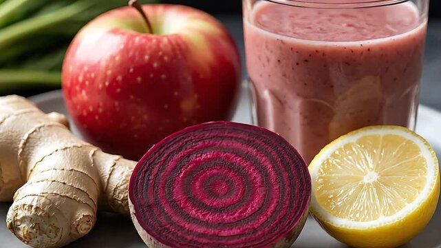 Fresh beet smoothie with apple and ginger on a table. Healthy vegetable juice drink in glass. Ingredient of root vegetable, citrus fruit and fruit for diet.