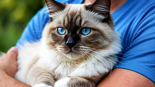 Man holding a fluffy ragdoll cat with bright blue eyes in his arms. Owner embracing his pet feline outdoors. Domestic animal and companion concept close up.