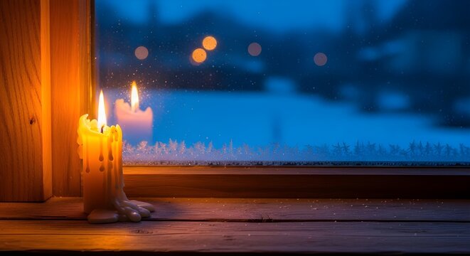 lilin yang menyala di pinggir jendela di malam hari