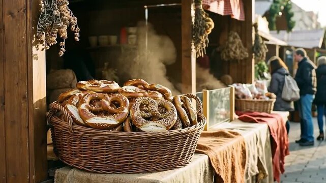 Hot pretzels in wicker basket at outdoor Christmas market. People walking at city street kiosk. Traditional pastry snack stall for winter holiday celebration treat.