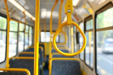 Yellow grab handle on an empty public bus interior
