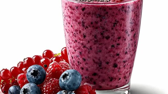 Berry smoothie in glass with fresh blueberry, raspberry and redcurrant. Healthy fruit drink with chia seed. Vitamin beverage for detoxification and diet food.