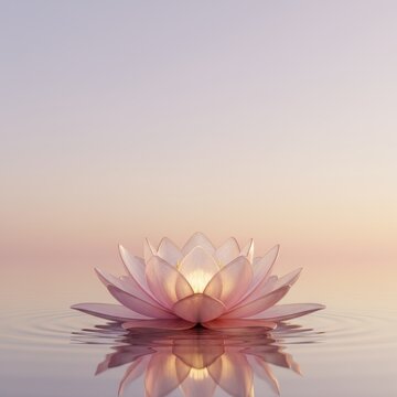 Pink Lotus Flower Floating on Calm Water under Pastel Sky
