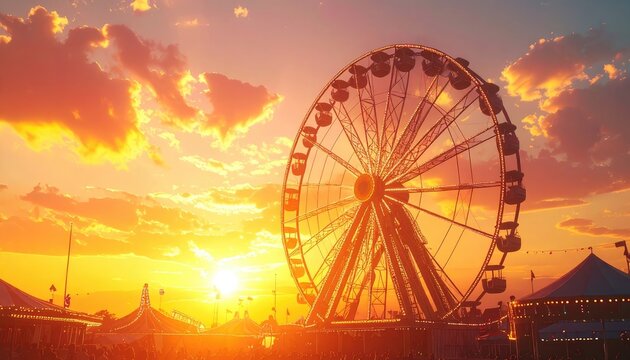 A Ferris wheel illuminated against a vibrant sunset sky.