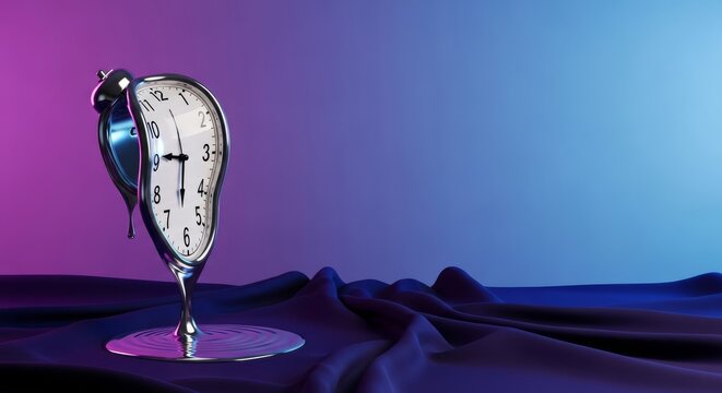 A surreal clock dissolves into a silvery liquid, slowly dripping onto soft, draped sheets. Time loses its form, transforming into a flowing metallic substance, reflection, shiny, texture