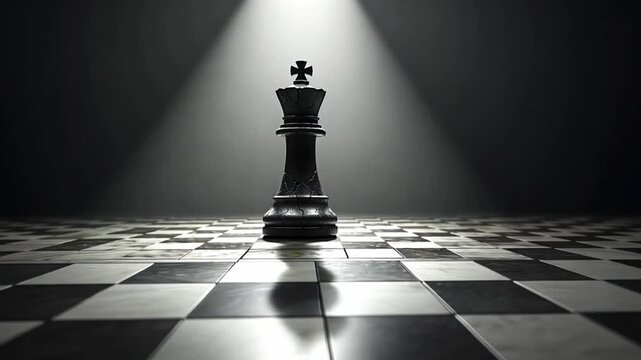 Cracked black chess king on a checkered board under a spotlight. Symbolic representation of leadership, power, and final strategy. Game of chess victory concept.