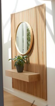 Vertical video: Camera pulling back, door opening, revealing wood slat wall with mirror and planter