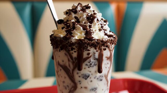 Decadent Oreo Milkshake With Whipped Cream Chocolate Drizzle and Cookie Crumbles Served in a Tall Glass on a Red Tray With a Spoon