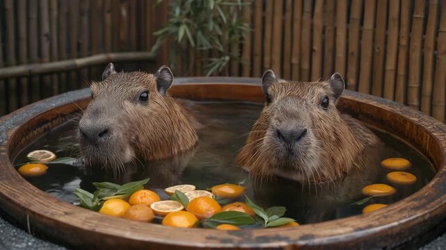 木桶と竹垣に囲まれた和の露天で柚子と戯れるカピバラ