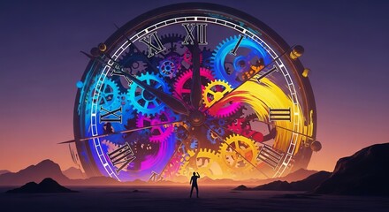 Fototapeta premium An enormous, abstract clock looms over a minimal landscape, dwarfing a minute, agitated form, symbolizing the weight of temporal pressure, stress, desolate, small