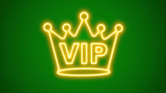 Neon vip crown signs on green background glowing yellow luxury exclusive symbol
