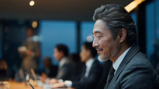 男性がオフィスの会議室で夕方に同僚と会議中にこちらを見るポートレート