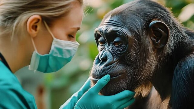 Veterinarian woman touches chin of chimpanzee with gloved hand in nature. Dedicated researcher examines primate health in wild. Connection between human and animal.