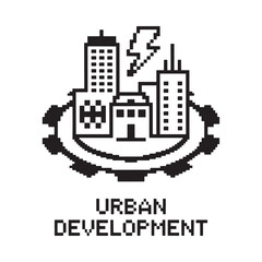 Obraz premium Pixelated cityscape with lightning and gears labeled urban development